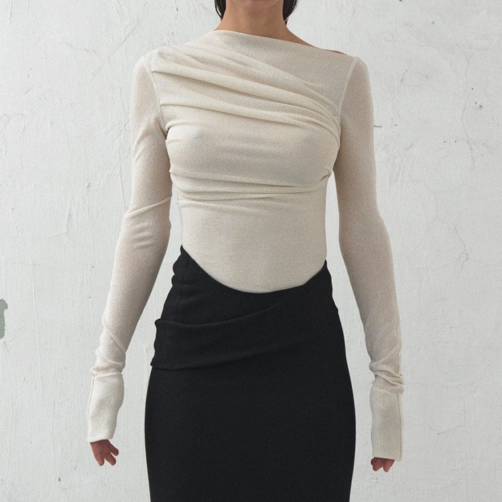 Long Sleeve Ruched Asymmetric Top - Cream